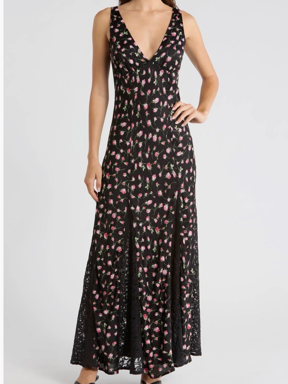 Black Maxi Dress with Pink Floral Print - V-Neck Sleeveless